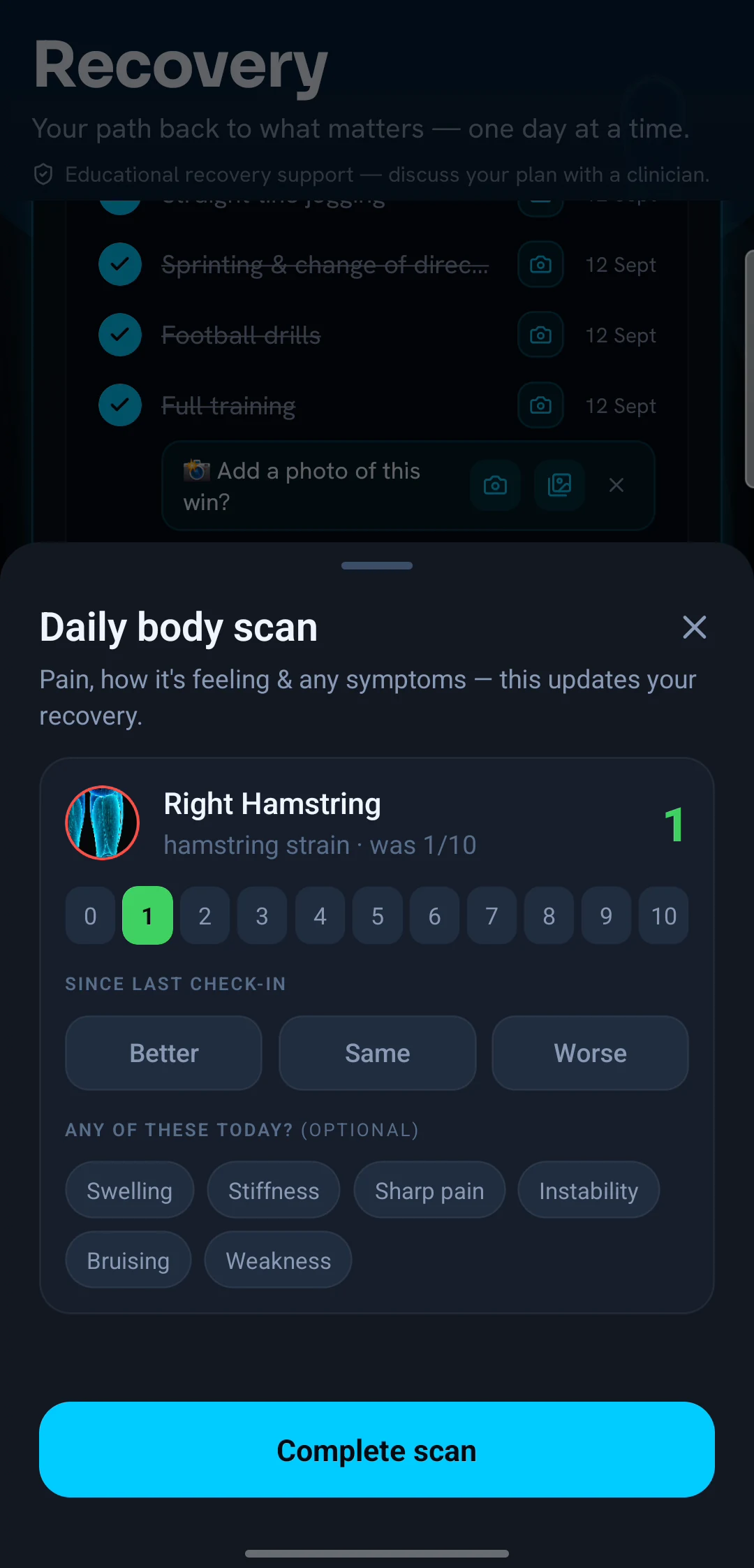 InjuryLog daily body scan: pain scored 0 to 10, better or worse, and symptoms, the core of a daily pain journal