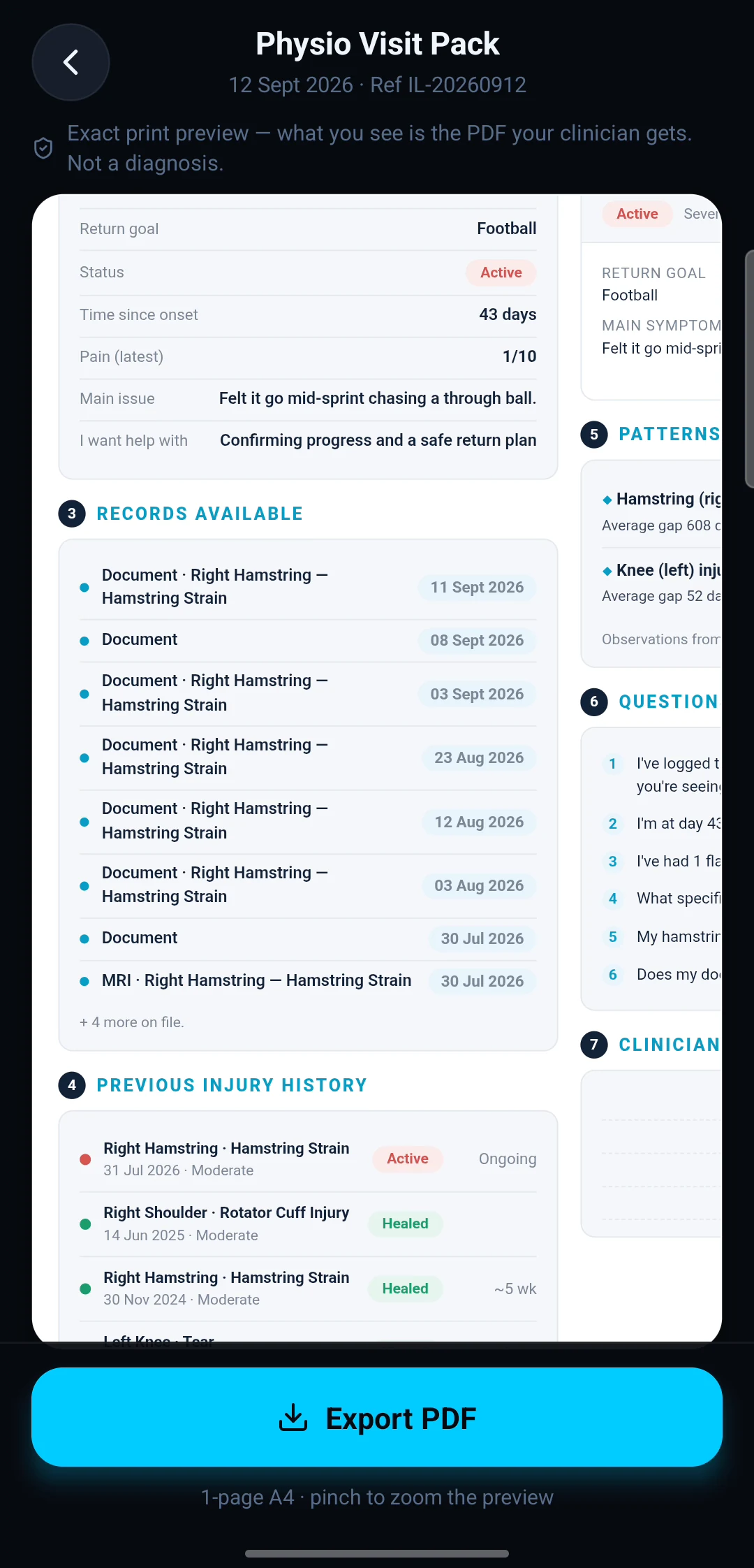 InjuryLog Physio Visit Pack: a pain diary summarised into a one-page PDF for your clinician