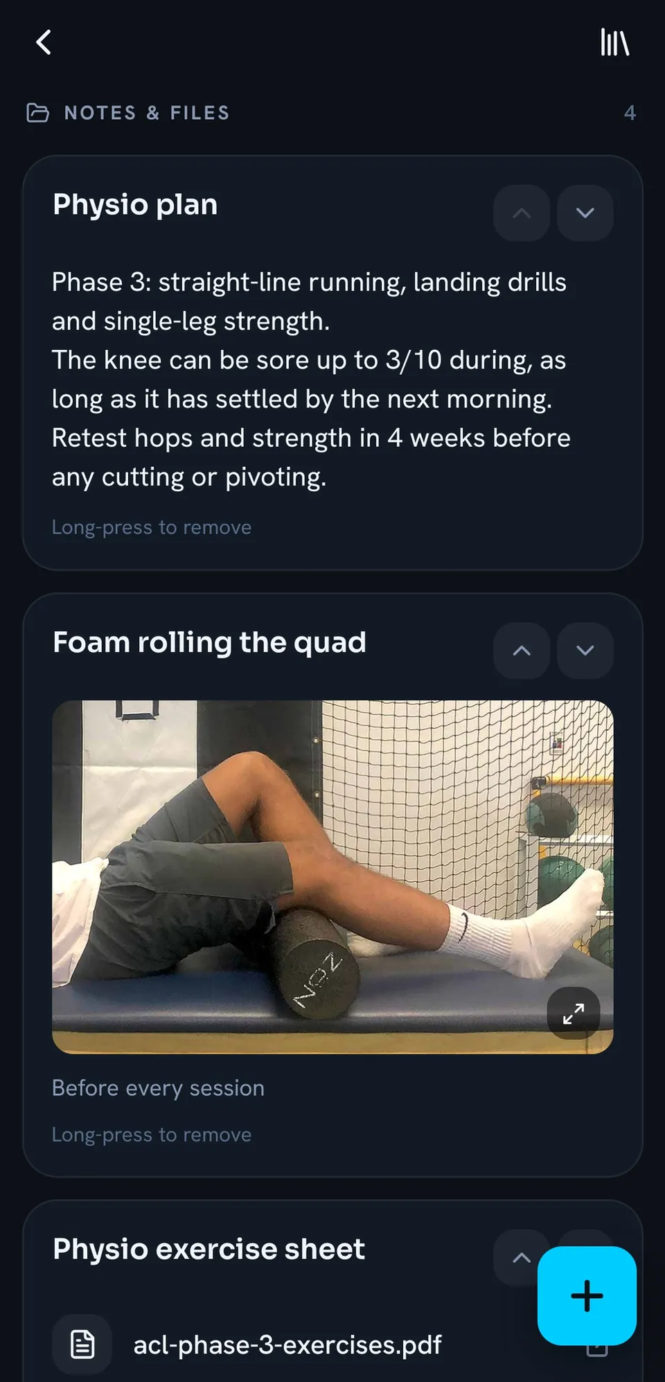 Notes and files for an ACL rehab plan: the physio's phase 3 plan in their words, a foam rolling video to do before every session, and the physio's exercise sheet as a PDF.