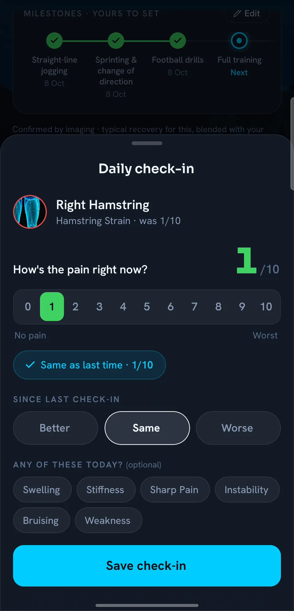 Daily check-in for the right hamstring: pain 1 out of 10, same as last time.