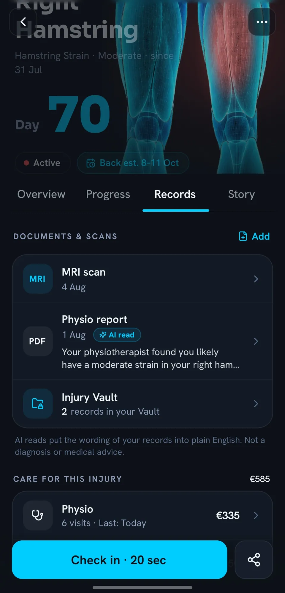 Right hamstring records: MRI scan, physio report and Injury Vault documents, with care costs for this injury.