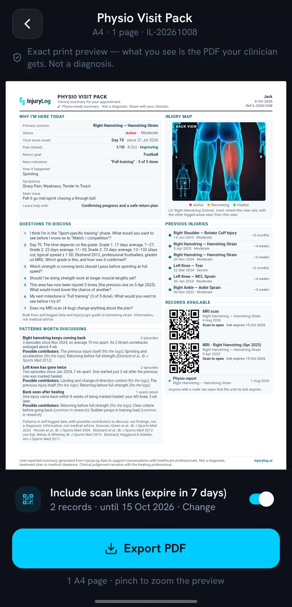 The Physio Visit Pack preview: a one-page summary with injury history, current status and scan QR links, ready to export as a PDF.