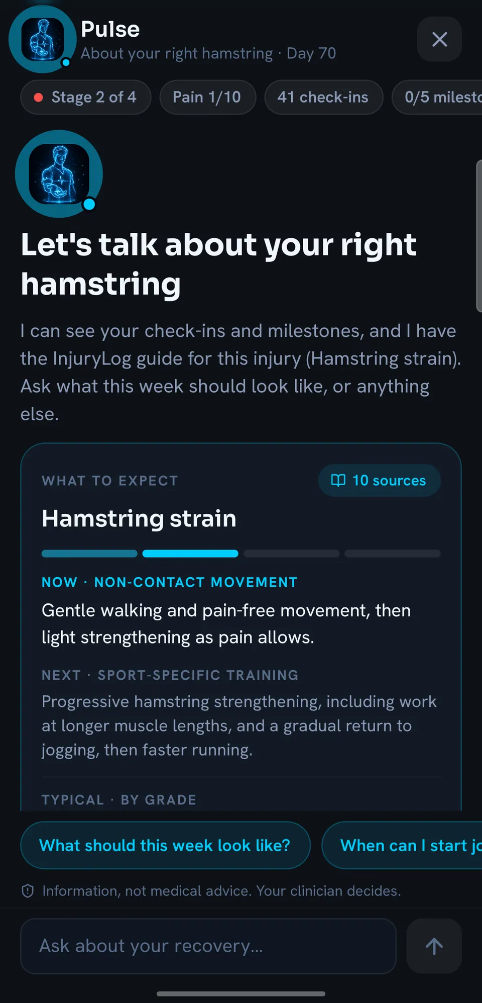 Pulse, the educational AI: let us talk about your right hamstring, what to expect, sourced. Not medical advice.