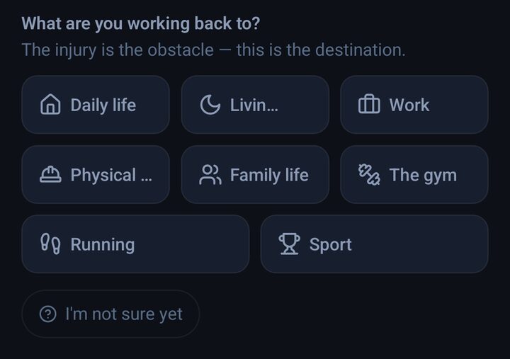 InjuryLog goal picker: what are you working back to, from daily life to sport
