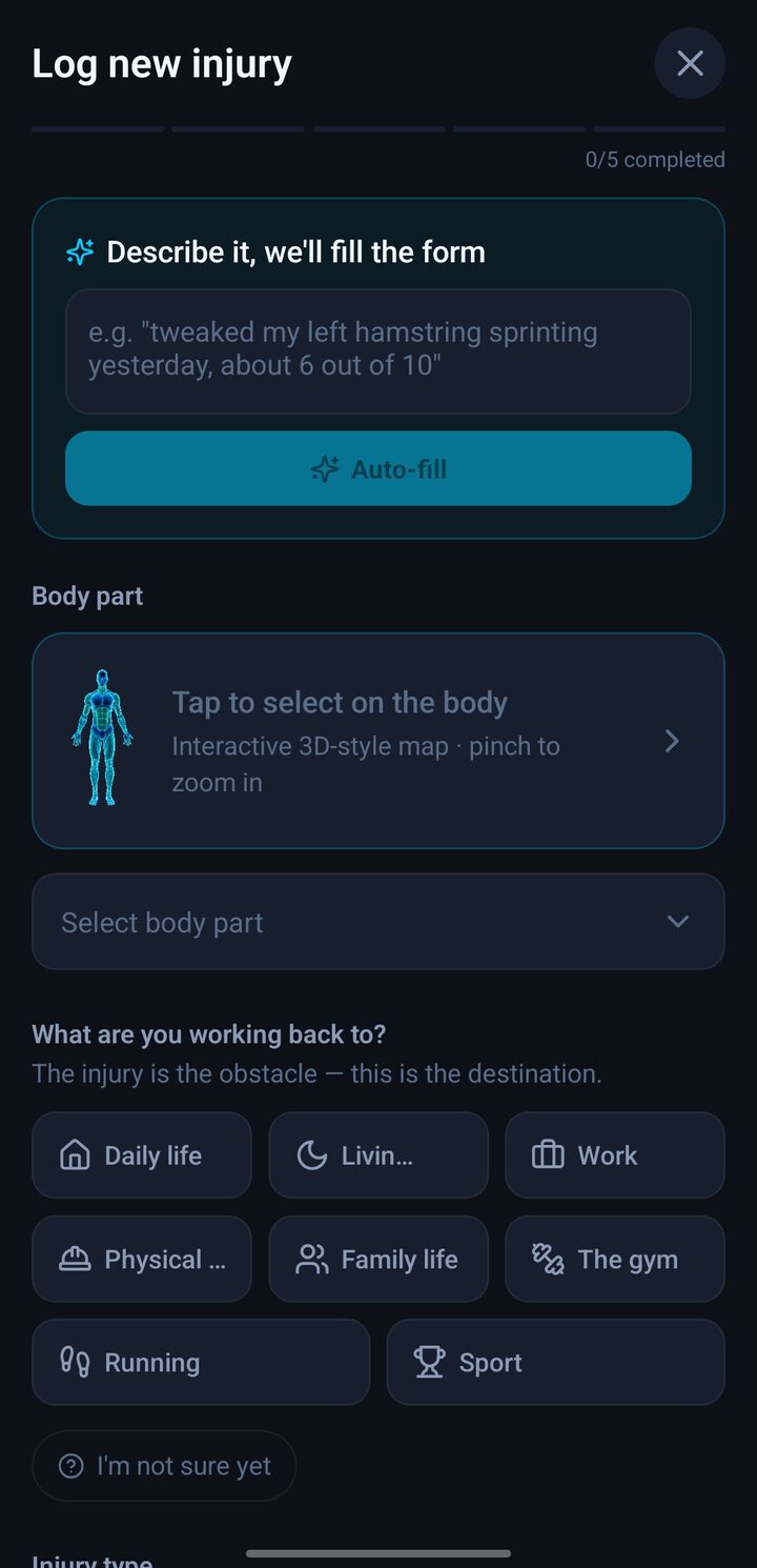 InjuryLog log new injury screen: describe it and auto-fill does the rest, or pick the body part