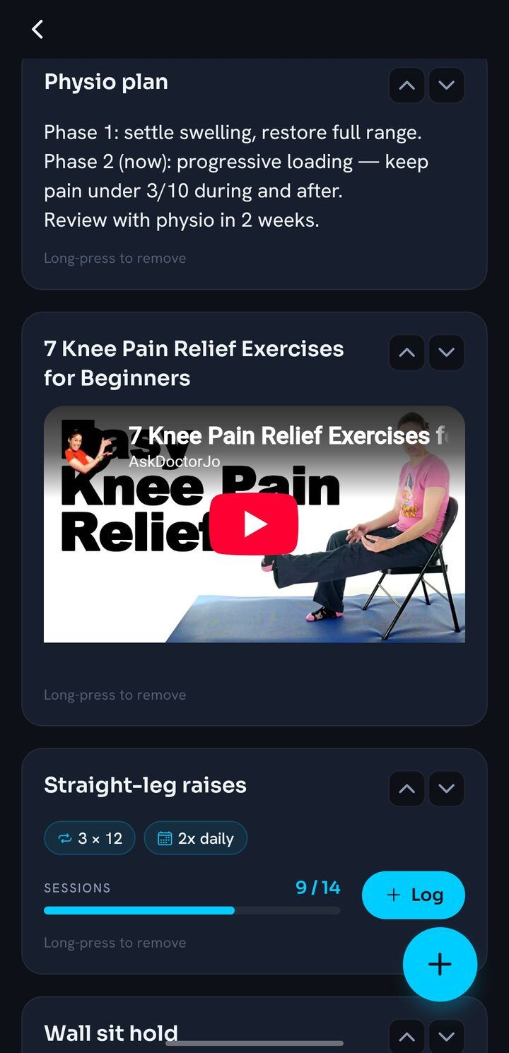 InjuryLog rehab program: exercises with videos, sets and reps, ticked off per session