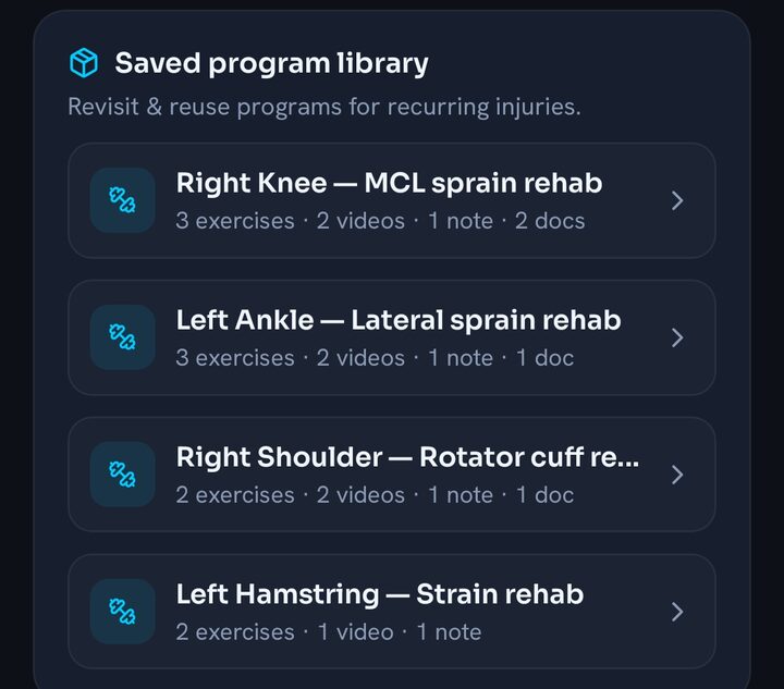 InjuryLog program library: saved rehab programs by injury